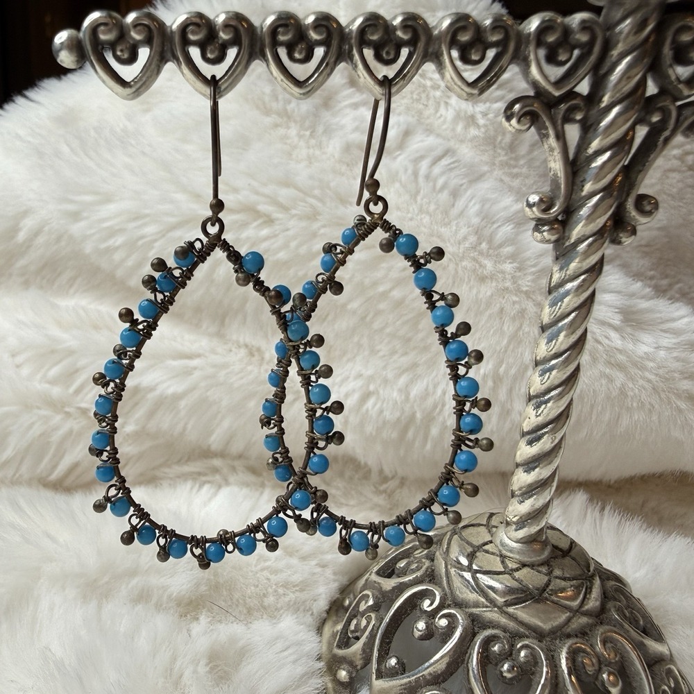 Boho Vintage Style Earrings Blue Beads Handmade Dangle Drop